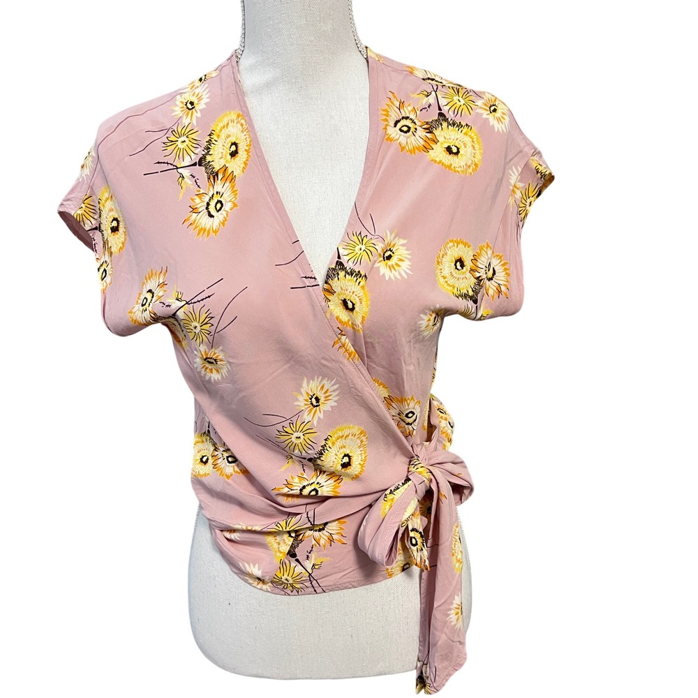 Madewell Wrap Top Womens Small Pink Floral Short Sleeve V-Neck Casual